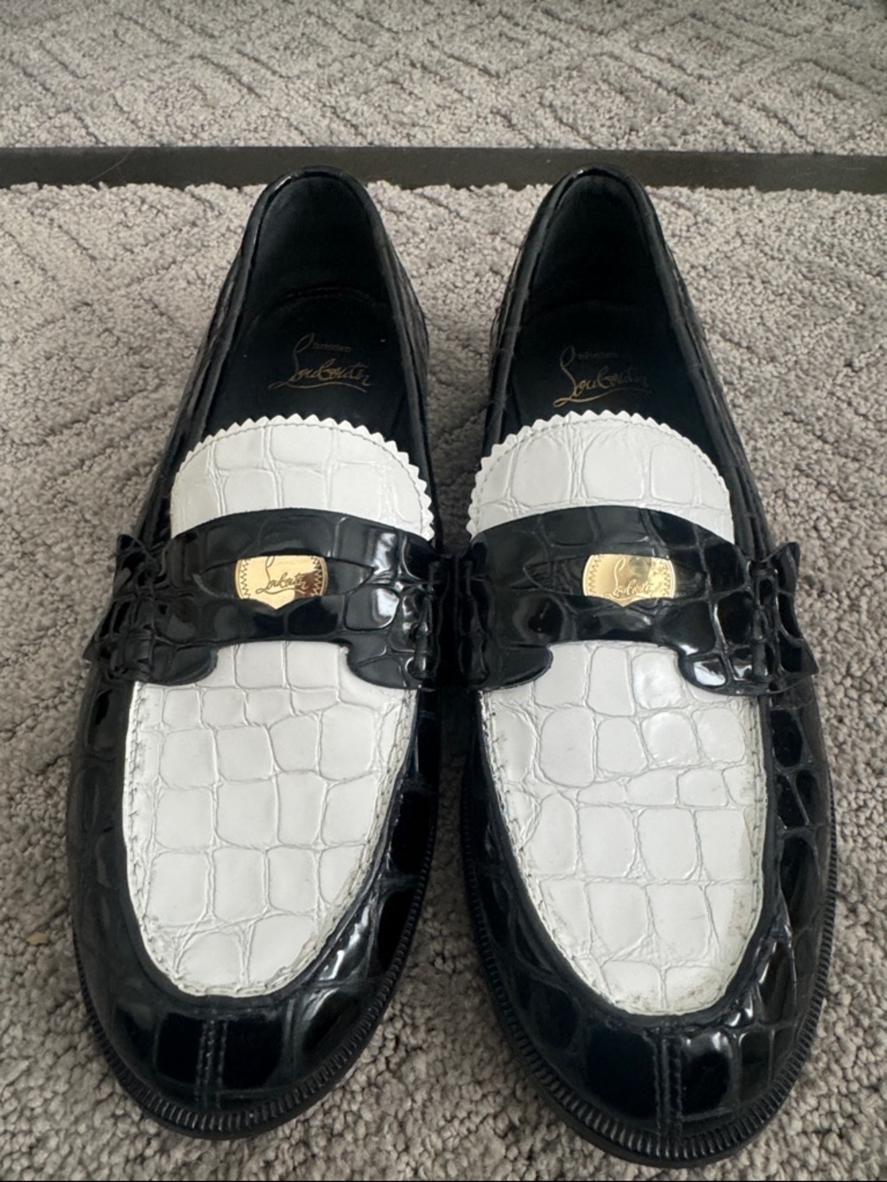 Christian Louboutin Black & White Croc-Embossed Leather Loafers
